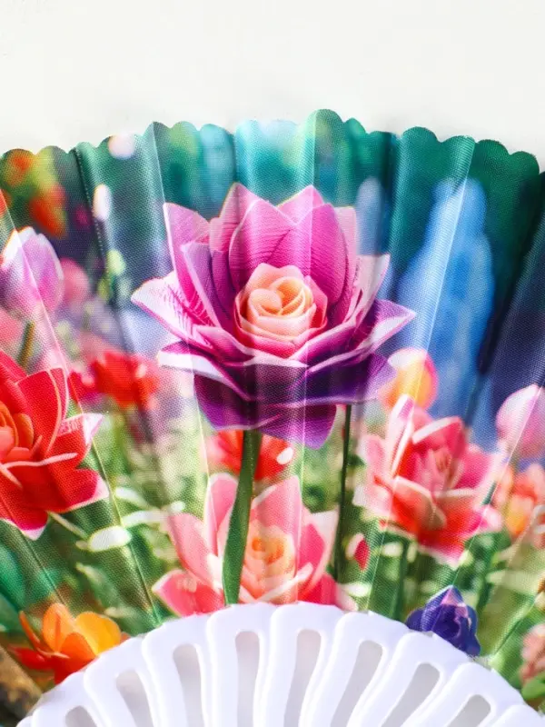 Веер пластик, текстиль "Пластилиновые цветы" МИКС 23 см