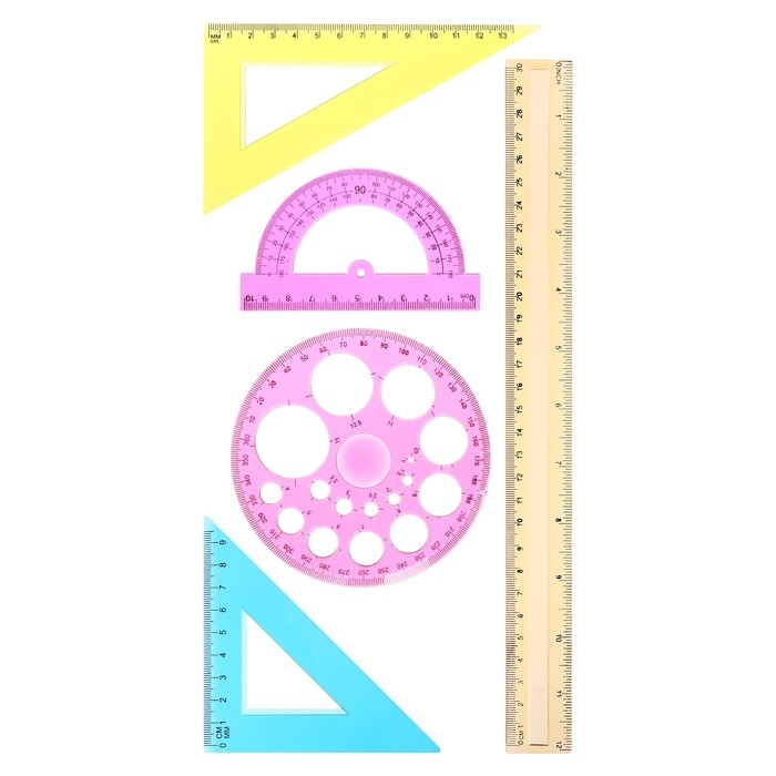 Набор геометрический, чертежный, блистер: линейка 30 см, 2 треугольника, транспортир, трафарет окружности, МИКС
