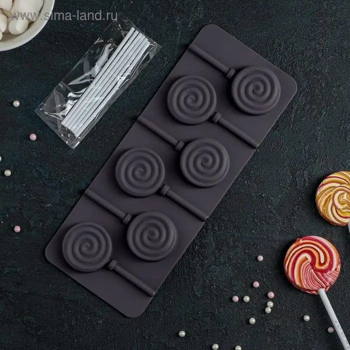 Форма для леденцов Доляна &laquo;Леденец&raquo;, силикон, 9.5&times;24 см, 6 ячеек (8.2&times;3.9 см), с палочками, МИКС