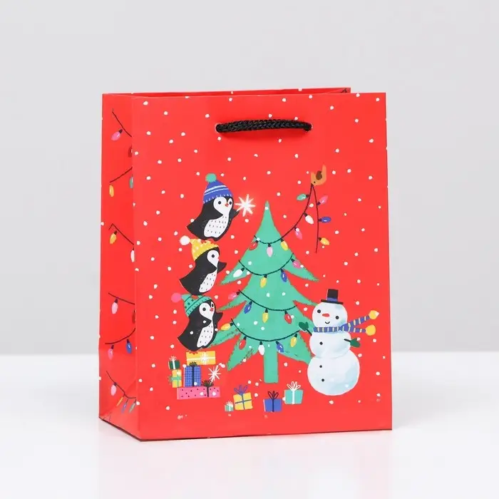 Пакет подарочный "Пингвины на ёлке", 11,5 х 14,5 х 6,5 см.
