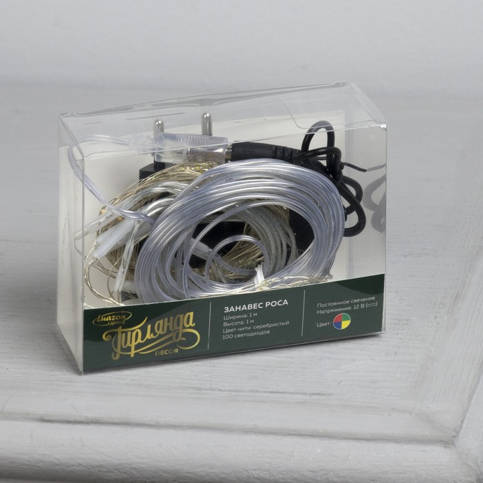 Гирлянда &laquo;Занавес&raquo; 1 &times; 1 м роса, IP20, серебристая нить, 100 LED, свечение мульти, 12 В