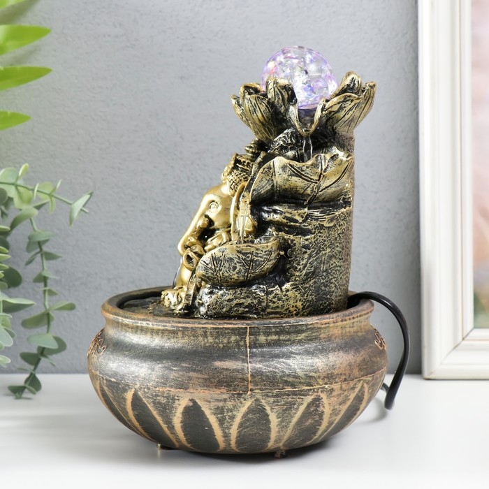 Фонтан настольный с подсветкой "Ганеша у фонтана с лотосом" 16х16х21 см