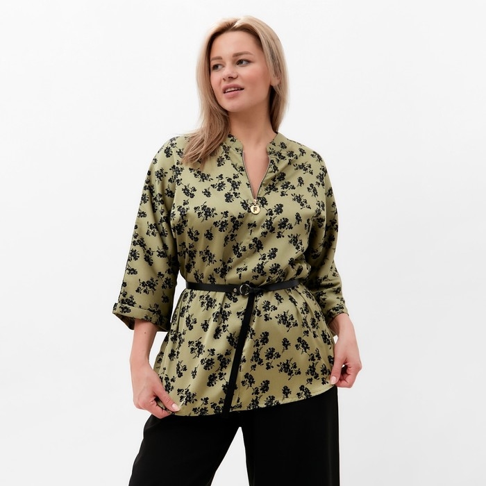 Костюм женский (туника и брюки), цвет хаки/черный, принт цветы, размер 56