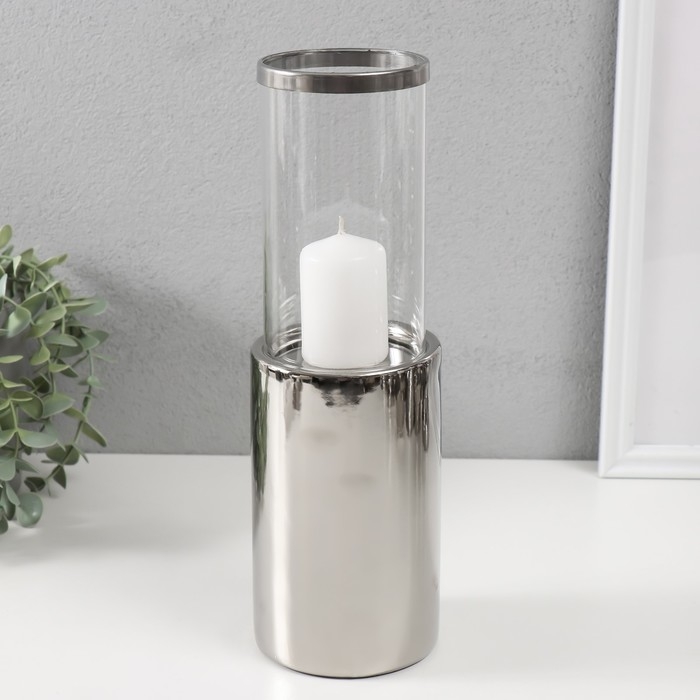 Подсвечник керамика, стекло на 1 свечу "Хром" d=7,5 см серебро 9,2х9,2х29,5 см