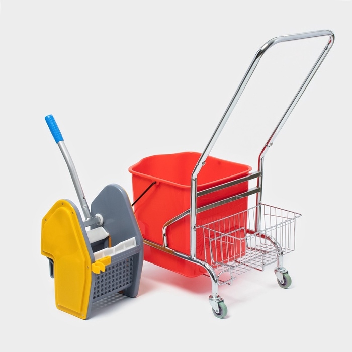 Тележка уборочная одноведерная с вертикальным и сеткой, красное ведро 25 л, хромированная рама Тележка уборочная одноведерная с вертикальным и сеткой, красное ведро 25 л, хромированная рама