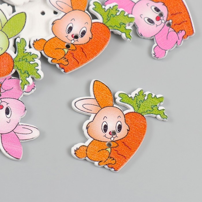 Пуговицы дерево для творчества 2 прокола "Зайчик с морковкой" набор 15 шт 3,3х3,7 см