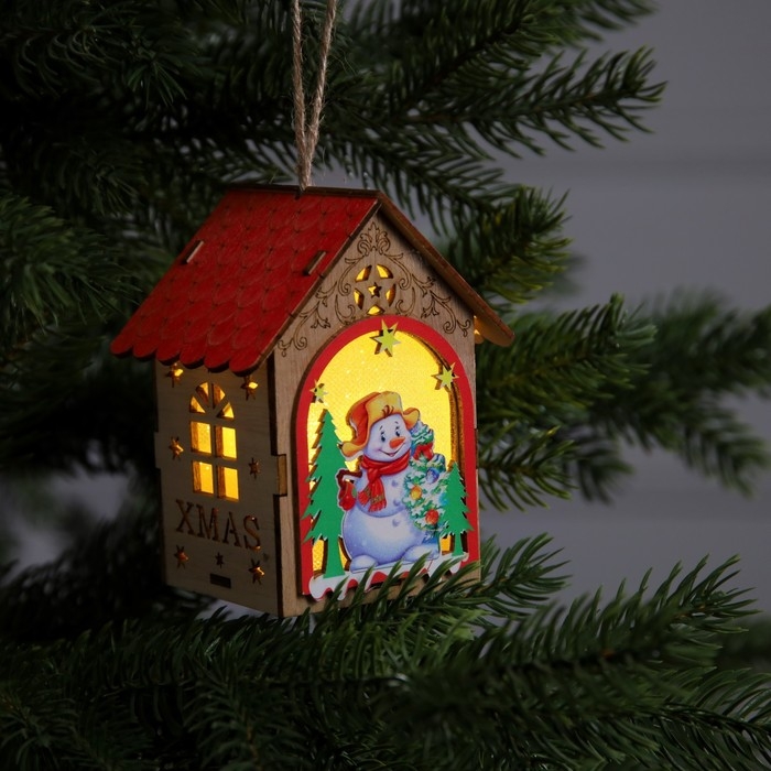 Ёлочная игрушка «Домик со снеговиком», от батареек, свечение тёплое белое Ёлочная игрушка «Домик со снеговиком», от батареек, свечение тёплое белое
