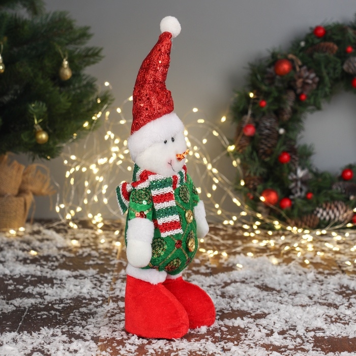 Мягкая игрушка Мягкая игрушка "Снеговик в сияющем костюме" 34х17 см, красно-зелёный