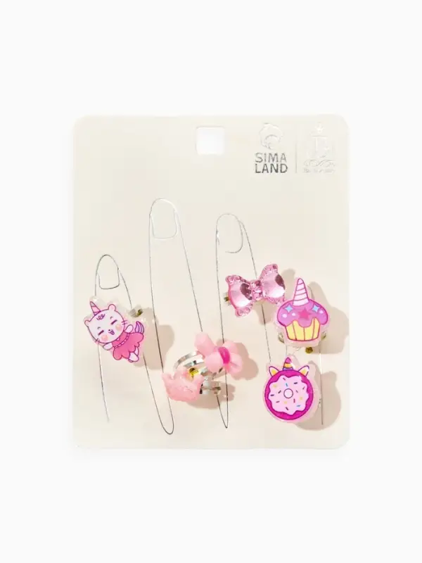 Кольца детские набор 6 шт. &laquo;Выбражулька&raquo; котик, единорог, форма МИКС, б-р, цвет фиолт-роз