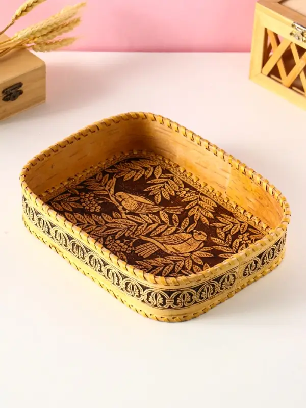 Сухарница "Птички" , 24,5х17,5х4,5см, береста