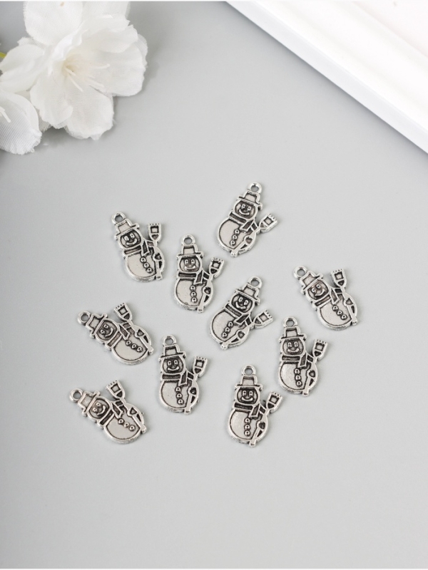 Декор для творчества металл "Снеговик с метёлкой" серебро набор 10 шт 2,1х1,3х0,2 см