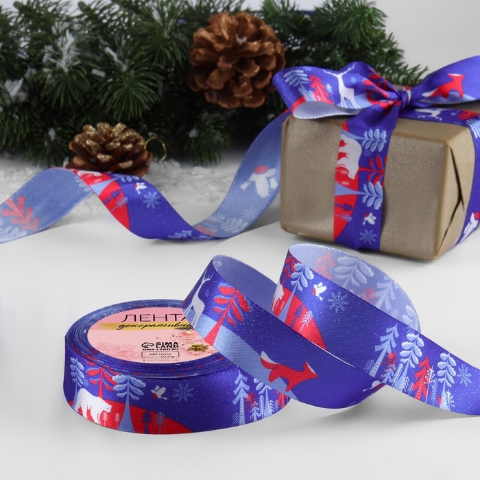 Лента атласная &laquo;Зимний лес&raquo;, 25 мм, 23 &plusmn; 1 м, цвет синий