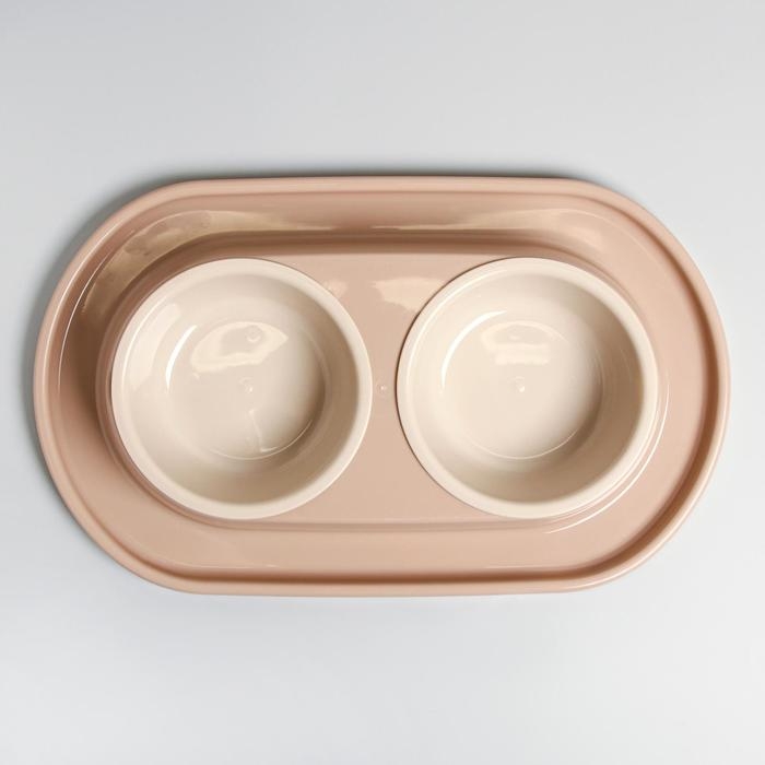 Миска для животных "Мур-мяу" 0,3л двойная на подставке, бежевая