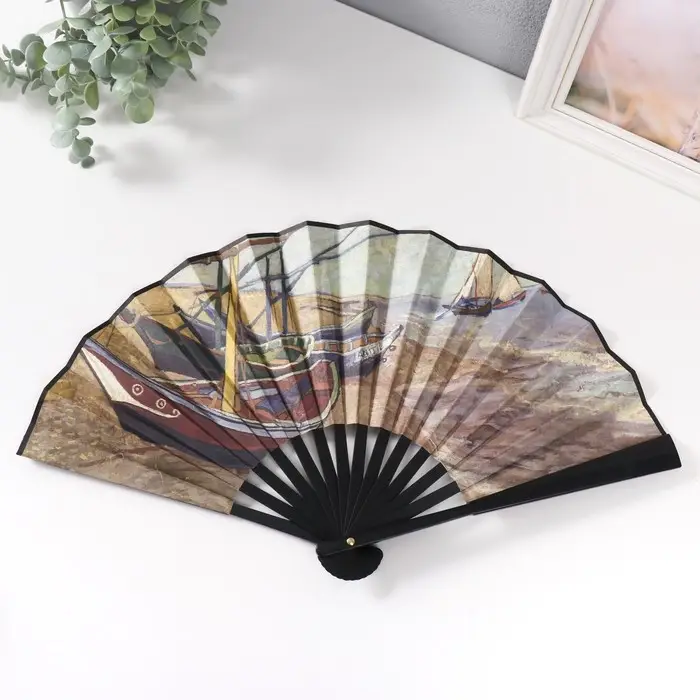 Веер пластик, текстиль h=26,5 см "Лодки на берегу"