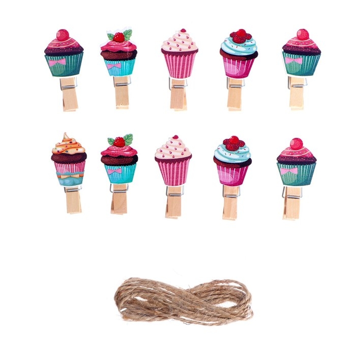 Прищепки декоративные с верёвкой для подвеса &laquo;Кейки&raquo; набор 10 шт.