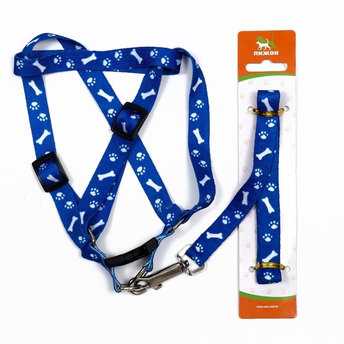 Комплект капроновый "Косточки и лапки", поводок 120 х 1,5 см, ОГ 30-44 см, синий