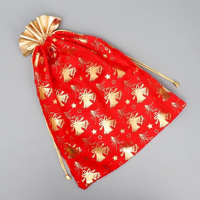 Мешочек подарочный плюш &laquo;Новогодние колокола&raquo;, колокольчик, тиснение, 30 х 40 см +/- 1.5 см, Новый год