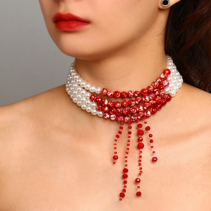 Колье с жемчугом &laquo;Готика&raquo; кровавое, шар №6, цвет красно-белый в серебре, L=32 см