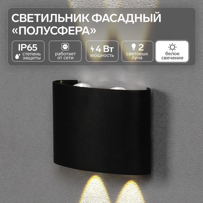 Светильник фасадный &laquo;Полусфера&raquo;, FSD-072, 4 Вт, 4000К, 2 луча, IP65, 220 В, пластик, черный   100842
