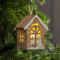 Ёлочная игрушка «Домик с оленем и снеговиком», от батареек, свечение тёплое белое Ёлочная игрушка «Домик с оленем и снеговиком», от батареек, свечение тёплое белое