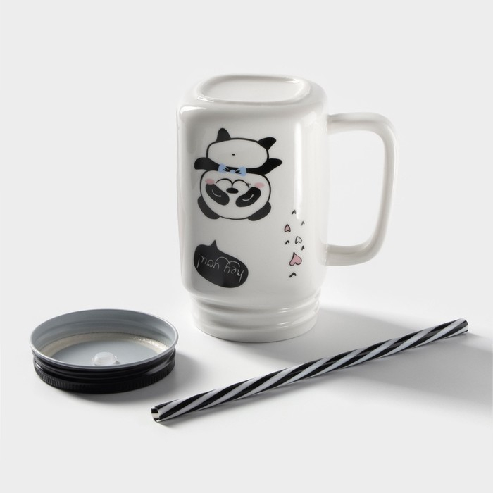 Кружка керамическая с металлической крышкой и трубочкой &laquo;Панда&raquo;, 420 мл, рисунок МИКС