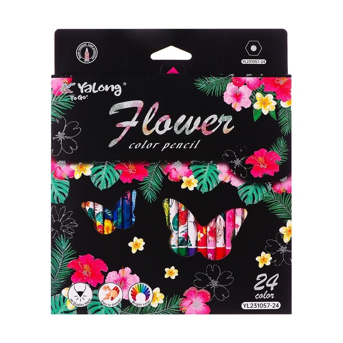 Карандаши 24 цвета в картонной коробке, шестигранные, деревянные,Цветы на чёрном  МИКС