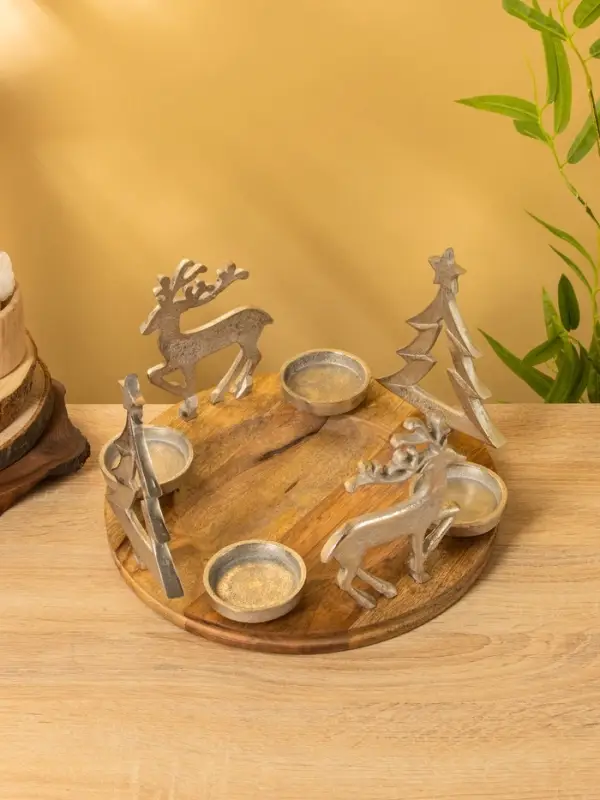 Подсвечник на 4 свечи "Рождество" алюминий, дерево 29,5х29,5х19 см
