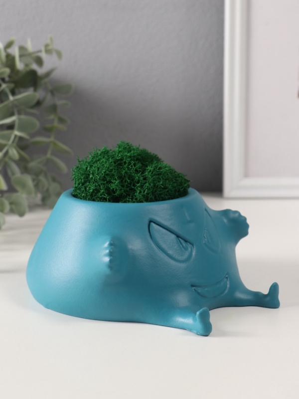 Кашпо бетонное "Злобный смех" со мхом 15,5*12,5*6 см голубой (мох зеленый стабилизирован)