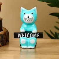 Сувенир "Кот с табличкой WELCOME" дерево 8х4х10 см, цв. бирюзовый