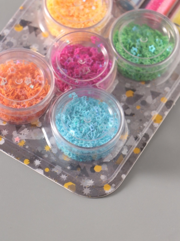 Глиттер "Пудра и звёзды с отверстием" неон набор 5х6 гр и 5х5 гр 21,4х9,3 см