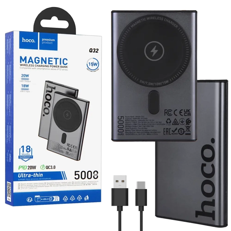 Внешний аккумулятор Q32 5000 mah 20W Magnetic HOCO серый