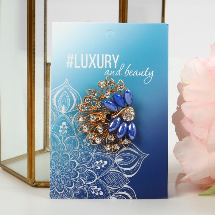 Брошь &laquo;Павлин&raquo; с пушистым хвостом, цвет синий в золоте