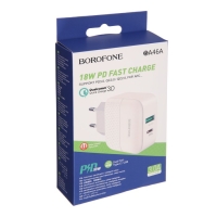 Сетевое зарядное устройство Borofone BA46A, USB QC3.0 3 А, Type-C PD 3 А, белое Сетевое зарядное устройство Borofone BA46A, USB QC3.0 3 А, Type-C PD 3 А, белое