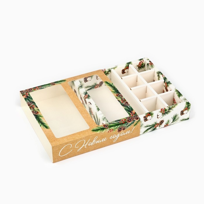 Коробка под 8 конфет и шоколад с ячейками «С Новым годом!», еловые веточки, 18 х 18 х 4 см, Новый год Коробка под 8 конфет и шоколад с ячейками «С Новым годом!», еловые веточки, 18 х 18 х 4 см, Новый год