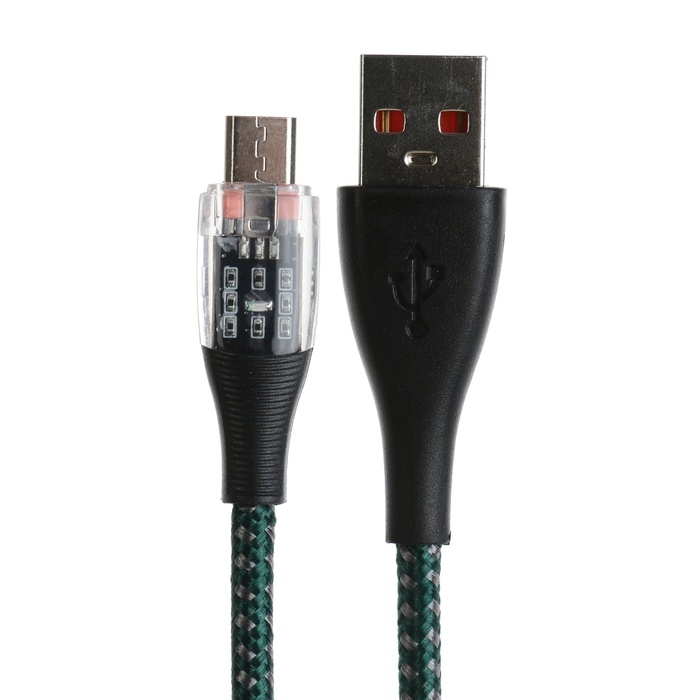 Кабель, 2 А, MicroUSB - USB, прозрачный, оплётка нейлон, 1 м, зелёный Кабель, 2 А, MicroUSB - USB, прозрачный, оплётка нейлон, 1 м, зелёный