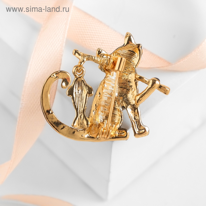 Брошь &laquo;Кот&raquo; с рыбкой, цвет чёрный в золоте