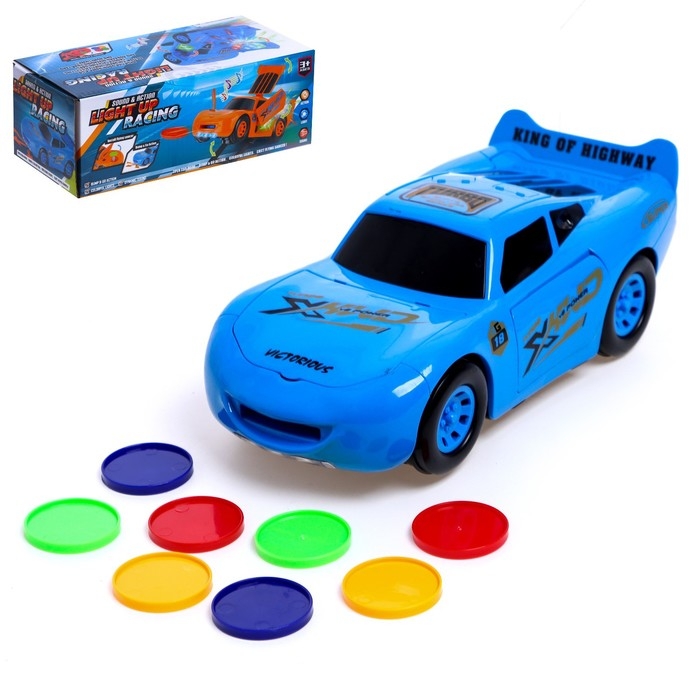 Машина &laquo;Тачка&raquo;, работает от батареек, стреляет дисками, свет и звук, цвет синий