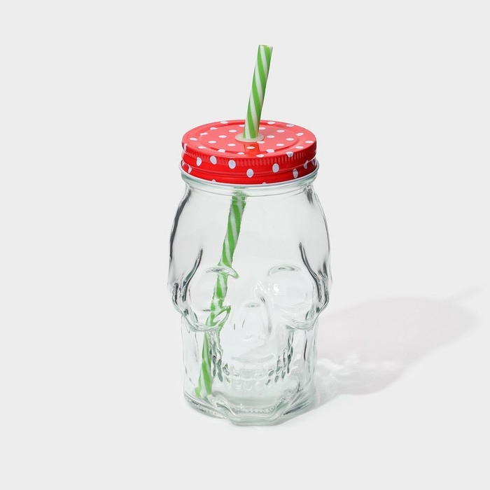 Кружка стеклянная с крышкой и трубочкой Доляна &laquo;Череп. Хэллоуин&raquo;, 400 мл, 9&times;14,5 см, цвет МИКС