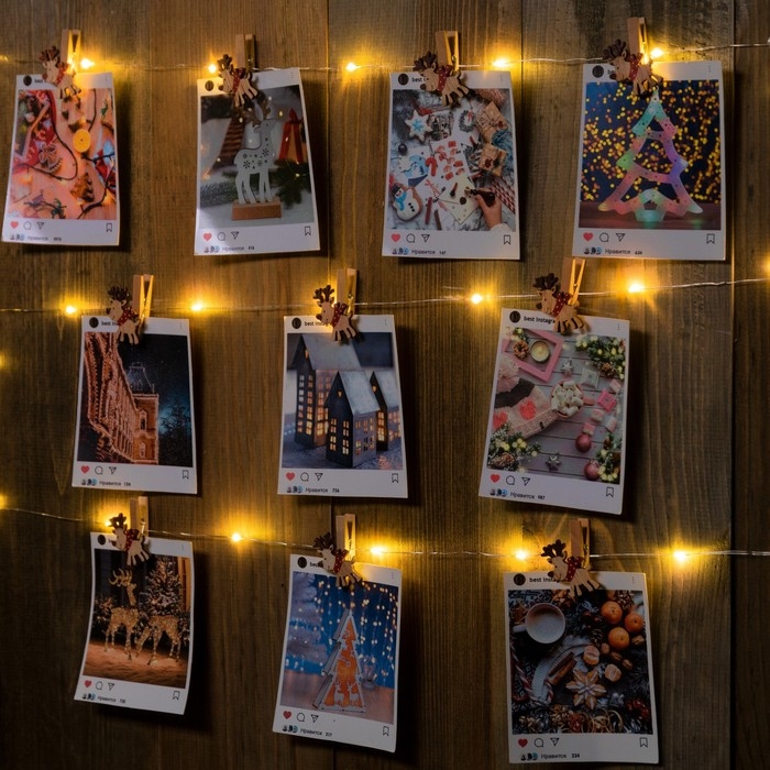 Гирлянда &laquo;Нить&raquo; 2 м роса с насадками &laquo;Прищепки-оленёнок&raquo;, IP20, серебристая нить, 20 LED, батарейка ААх2 (нет в комплекте), свечение тёплое белое