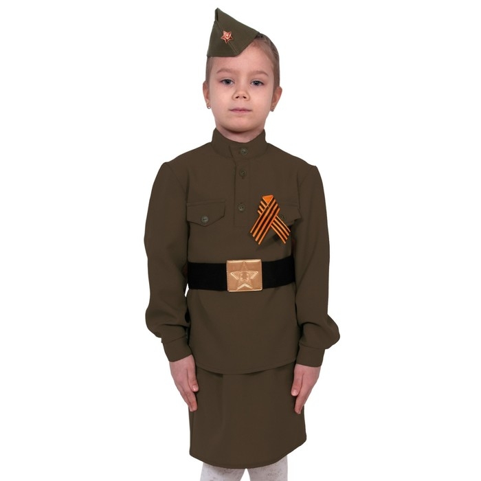 Костюм &laquo;Солдаточка&raquo;: гимнастёрка, ремень, юбка, пилотка, бант, рост 116&ndash;122 см