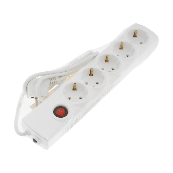 Сетевой фильтр Luazon Lighting, 5 розеток, 1.5 м, 2200 Вт, 3х0.75 мм2, 10 A, 220 В, c предохранителем, белый