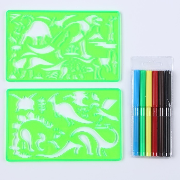 Трафареты &laquo;Динозавр&raquo;, набор 2 шт., 6 шт. фломастеров