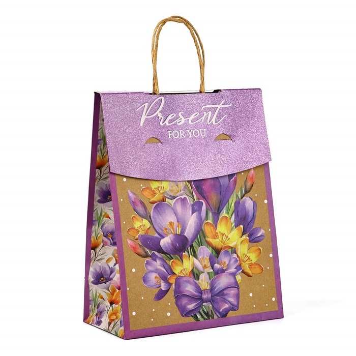 Пакет с клапаном &laquo;Подарок&raquo;, цветы, крафт, глиттер, 19,5 &times; 10 &times; 25.2 см