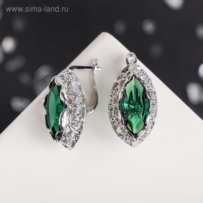 Серьги со стразами «Эдель» эллипс ажурный, цвет изумрудный в серебре Серьги со стразами «Эдель» эллипс ажурный, цвет изумрудный в серебре