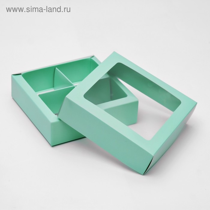 Коробка для конфет 4 шт, с окном, мятная, 12,5 х 12,5 х 3,5 см