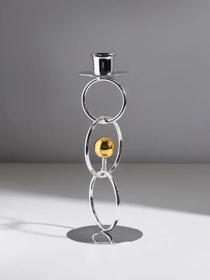 Подсвечник металл на 1 свечу "Кольца и шарики" серебро с золотом d=2,5 см 9х9х22 см