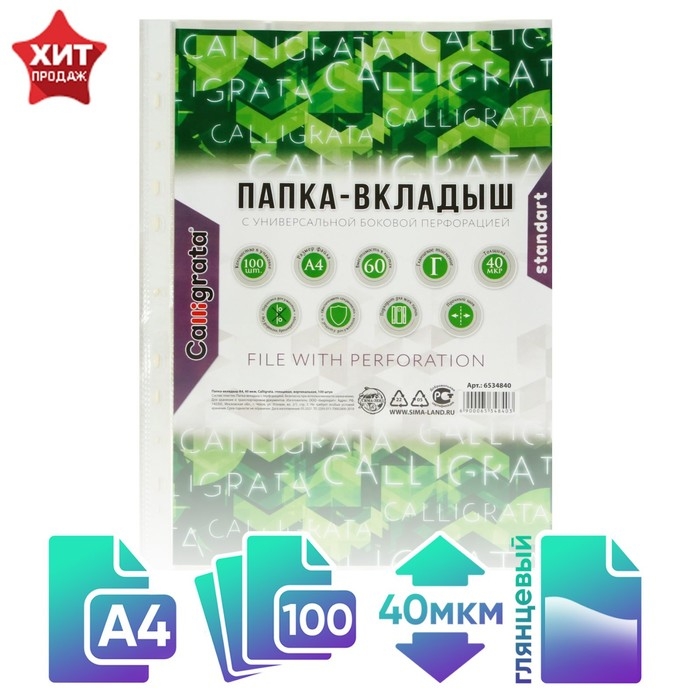 Файл-вкладыш А4, 40 мкм, Calligrata, глянцевый, вертикальный, 100 штук Файл-вкладыш А4, 40 мкм, Calligrata, глянцевый, вертикальный, 100 штук