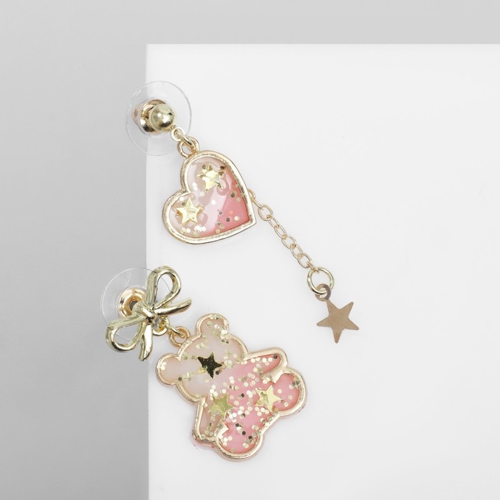 Серьги с эмалью &laquo;Мишка&raquo; и сердце, романтика, цвет бело-розовый в золоте
