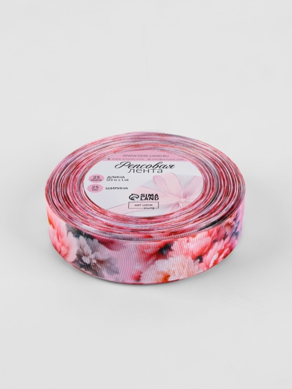 Лента репсовая 25мм*25&plusmn;1ярд(23м&plusmn;1м) розовые пионы АУ