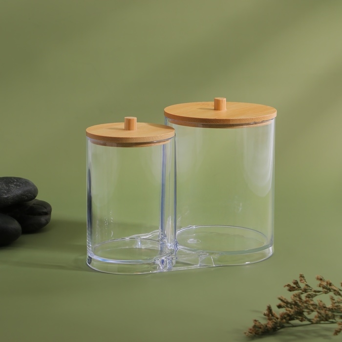 Органайзер для ватных палочек и дисков &laquo;BAMBOO&raquo;, с крышкой, 12 &times; 8,5 &times; 11 см, в картонной коробке, цвет прозрачный/коричневый